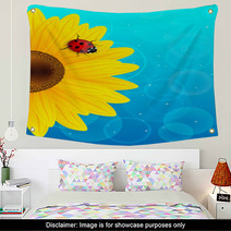 Sunflower And Ladybird On Blue Background. Wall Art 52973650