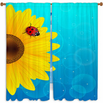 Sunflower And Ladybird On Blue Background. Window Curtains 52973650