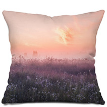Sunrise Field Of Blooming Pink Meadow Flowers Pillows 192756341