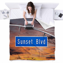Sunset Blvd Overhead Street Sign With Dusk Sky Blankets 53966468