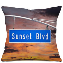 Sunset Blvd Overhead Street Sign With Dusk Sky Pillows 53966468