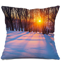 Sunset In Winter Forest Pillows 72918367