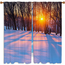Sunset In Winter Forest Window Curtains 72918367