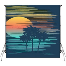 Sunset On Tropical Beach With Palm Tree Sun Over Evening Sea Backdrops 201759104