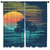 Sunset On Tropical Beach With Palm Tree Sun Over Evening Sea Window Curtains 201759104