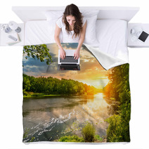 Sunset Over The River In The Forest Blankets 54835338