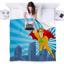 Superhero Flying Over City Blankets 39609898