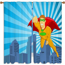 Superhero Flying Over City Window Curtains 39609898