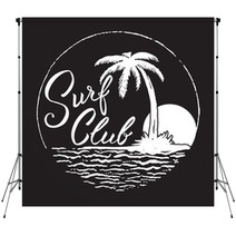 Surf Club Inscription With Palm Tree Ocean And Sun Backdrops 140821259