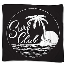 Surf Club Inscription With Palm Tree Ocean And Sun Blankets 140821259