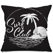 Surf Club Inscription With Palm Tree Ocean And Sun Pillows 140821259