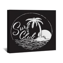 Surf Club Inscription With Palm Tree Ocean And Sun Wall Art 140821259