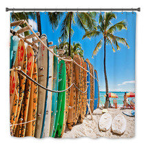 Surfboards In The Rack At Waikiki Beach - Honolulu Bath Decor 61845643