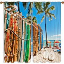 Surfboards In The Rack At Waikiki Beach - Honolulu Window Curtains 61845643