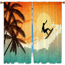 Surfer, Palms And Sea Window Curtains 42593704