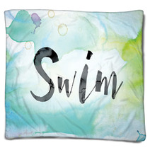 Swim Colorful Watercolor And Ink Word Art Blankets 128920014