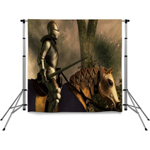 Sword In Hand A Knight In Shining Armor Rides On His Armored Horse Through A Foggy Medieval Forest 3d Rendering Backdrops 265194819