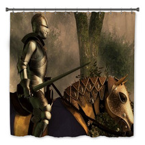 Sword In Hand A Knight In Shining Armor Rides On His Armored Horse Through A Foggy Medieval Forest 3d Rendering Bath Decor 265194819