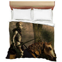 Sword In Hand A Knight In Shining Armor Rides On His Armored Horse Through A Foggy Medieval Forest 3d Rendering Bedding 265194819