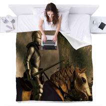Sword In Hand A Knight In Shining Armor Rides On His Armored Horse Through A Foggy Medieval Forest 3d Rendering Blankets 265194819