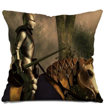 Sword In Hand A Knight In Shining Armor Rides On His Armored Horse Through A Foggy Medieval Forest 3d Rendering Pillows 265194819