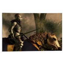 Sword In Hand A Knight In Shining Armor Rides On His Armored Horse Through A Foggy Medieval Forest 3d Rendering Rugs 265194819