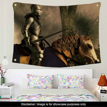 Sword In Hand A Knight In Shining Armor Rides On His Armored Horse Through A Foggy Medieval Forest 3d Rendering Wall Art 265194819