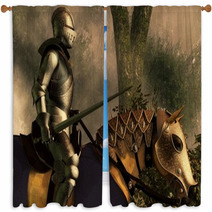 Sword In Hand A Knight In Shining Armor Rides On His Armored Horse Through A Foggy Medieval Forest 3d Rendering Window Curtains 265194819