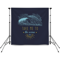Take Me To The Ocean Vector Hand Lettering Banner Inspirational Poster With Vintage Surfing Wave Illustration Backdrops 145069079