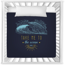 Take Me To The Ocean Vector Hand Lettering Banner Inspirational Poster With Vintage Surfing Wave Illustration Nursery Decor 145069079