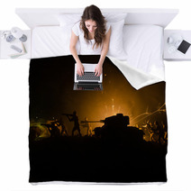 Tanks In The Conflict Zone The War In The Countryside Tank Silhouette At Night Battle Scene Blankets 145288895