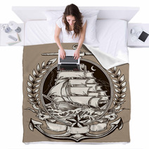 Tattoo Style Pirate Ship In Crest Blankets 48001574