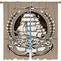 Tattoo Style Pirate Ship In Crest Window Curtains 48001574