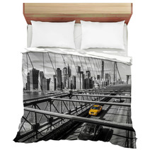 Taxi Cab Crossing The Brooklyn Bridge In New York Bedding 61714883