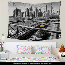 Taxi Cab Crossing The Brooklyn Bridge In New York Wall Art 61714883
