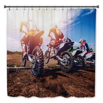 Team Of Athletes On Mountain Bikes Starts Smoke And Dust Fly From Under The Wheels Cross Country Concept Active Rest Motocross Bath Decor 166248114