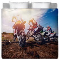 Team Of Athletes On Mountain Bikes Starts Smoke And Dust Fly From Under The Wheels Cross Country Concept Active Rest Motocross Bedding 166248114