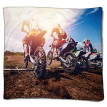 Team Of Athletes On Mountain Bikes Starts Smoke And Dust Fly From Under The Wheels Cross Country Concept Active Rest Motocross Blankets 166248114