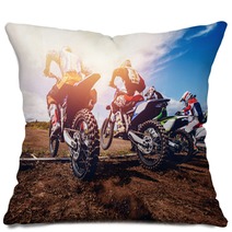 Team Of Athletes On Mountain Bikes Starts Smoke And Dust Fly From Under The Wheels Cross Country Concept Active Rest Motocross Pillows 166248114