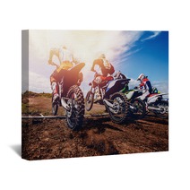 Team Of Athletes On Mountain Bikes Starts Smoke And Dust Fly From Under The Wheels Cross Country Concept Active Rest Motocross Wall Art 166248114