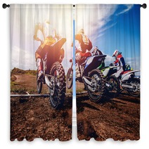 Team Of Athletes On Mountain Bikes Starts Smoke And Dust Fly From Under The Wheels Cross Country Concept Active Rest Motocross Window Curtains 166248114