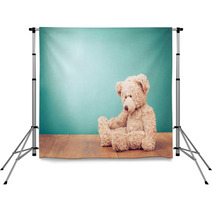 Teddy Bear Toy Alone On Wood In Front Mint Green Background Backdrops 57218807
