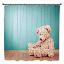 Teddy Bear Toy Alone On Wood In Front Mint Green Background Bath Decor 57218807
