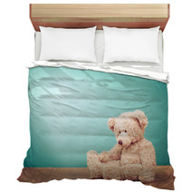Teddy Bear Toy Alone On Wood In Front Mint Green Background Bedding 57218807