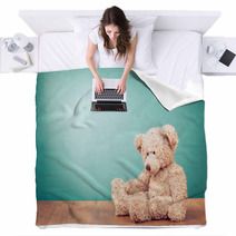 Teddy Bear Toy Alone On Wood In Front Mint Green Background Blankets 57218807