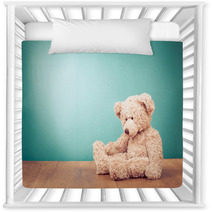 Teddy Bear Toy Alone On Wood In Front Mint Green Background Nursery Decor 57218807