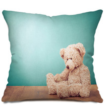 Teddy Bear Toy Alone On Wood In Front Mint Green Background Pillows 57218807