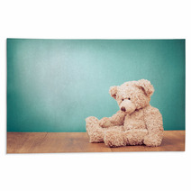 Teddy Bear Toy Alone On Wood In Front Mint Green Background Rugs 57218807