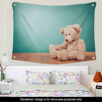Teddy Bear Toy Alone On Wood In Front Mint Green Background Wall Art 57218807