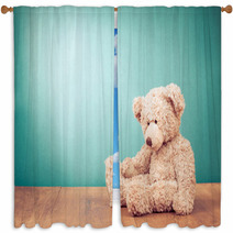 Teddy Bear Toy Alone On Wood In Front Mint Green Background Window Curtains 57218807